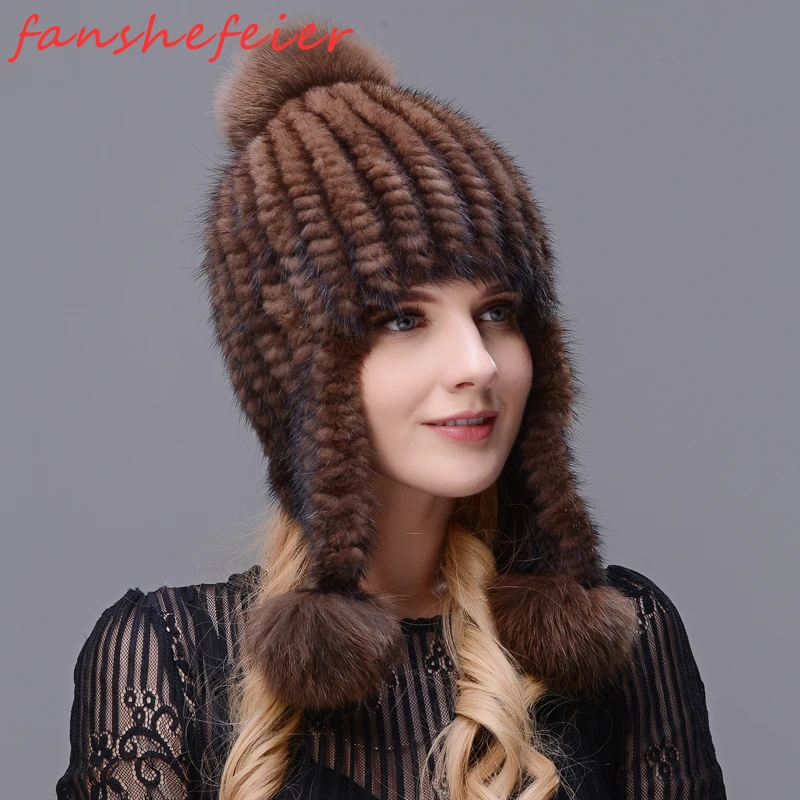 Настоящая Натуральная норковая шапка двойная вязанная длинная меховая с ушками