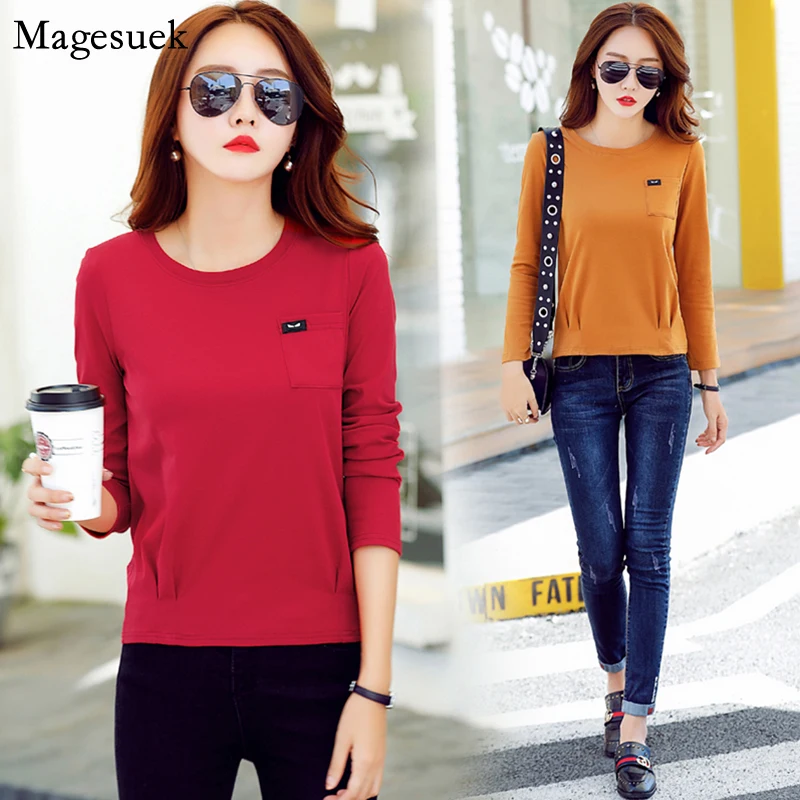 

Осенняя модная Свободная Женская блузка с круглым вырезом, хлопковые рубашки с длинным рукавом, женская новая простая облегающая длинная р...