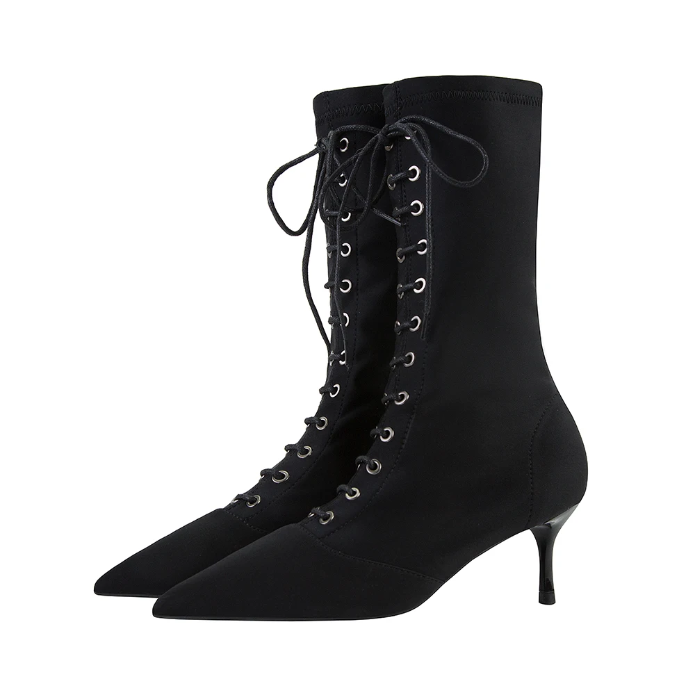 

New Punk Women Ankle Boots Lace Up Pointed Toe high heel Black Chelsea Boots Pumps 6CM shoes for women