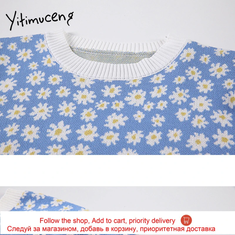 

Yitimuceng Floral T Shirts Woman Straight Tees Puff Sleeve O-Neck Tops Blue Black 2021 Summer Fashion New Knitted Tshirts