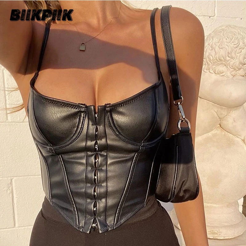 

Sexy PU Elegant Cest Deep V Neck Halter Sleeveless Solid Color T-shirt Women's Autumn Punk Club Button Street Style Corset