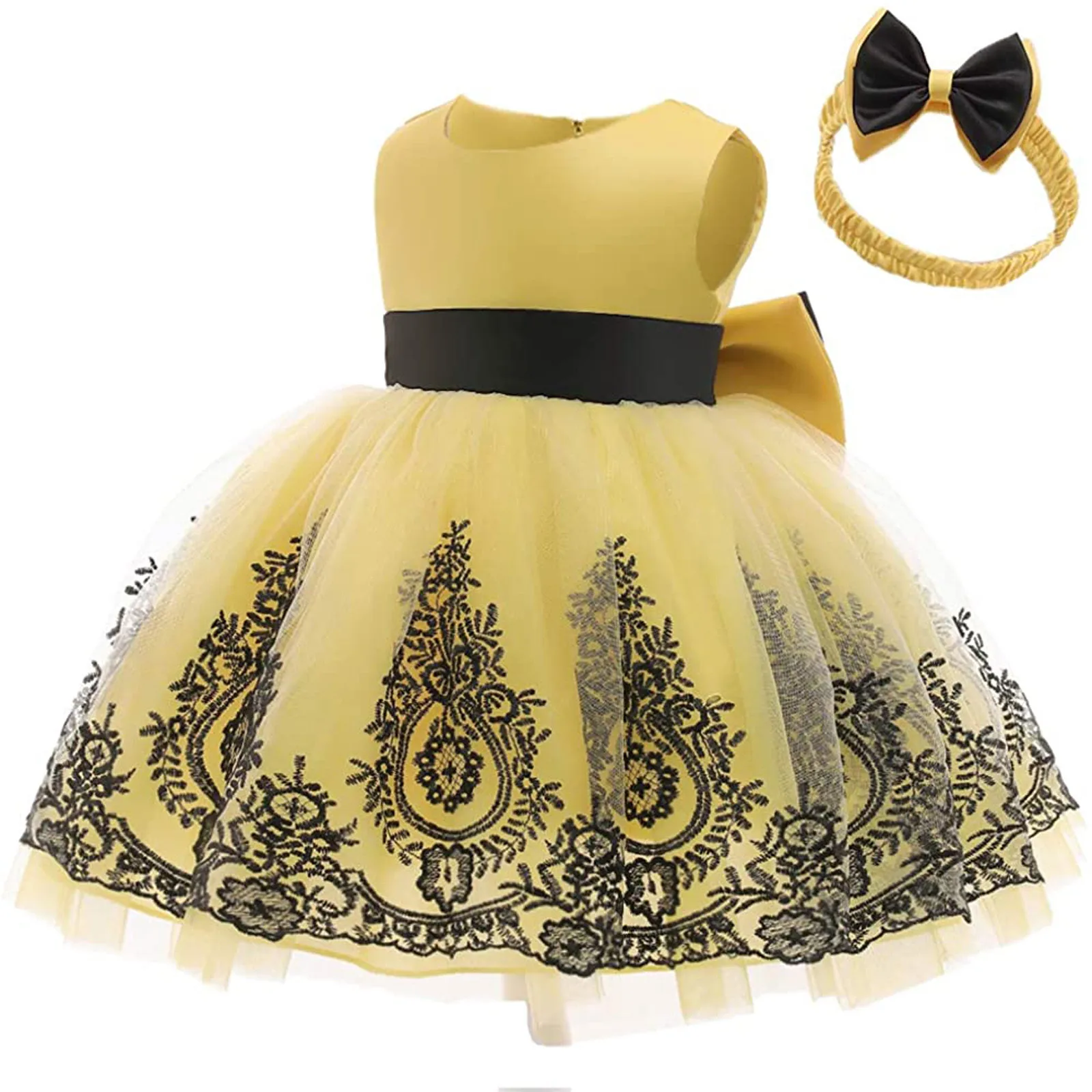 

0-6y Summer Baby Girls Lace Dress Sleeveless Ruched Toddler Party Bowknot Tutu Gown Embroidery Pageant Dresses With Headwear