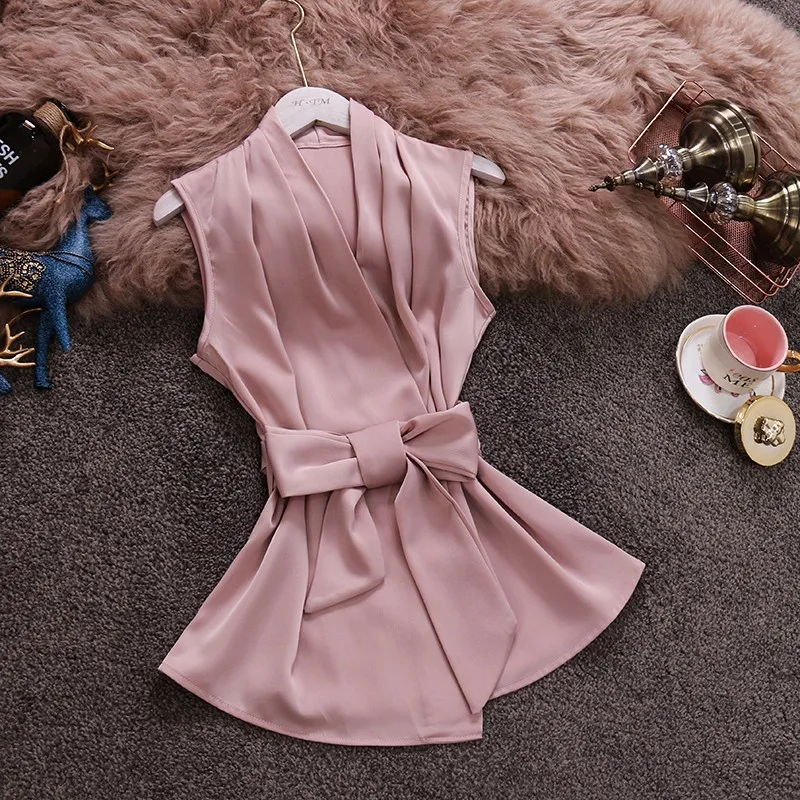 

Summer Women Sleeveless Satin Shirts Sexy Lady Lace Up Waist Satin Tops Women Office Sleeveless Satin Silk Tops