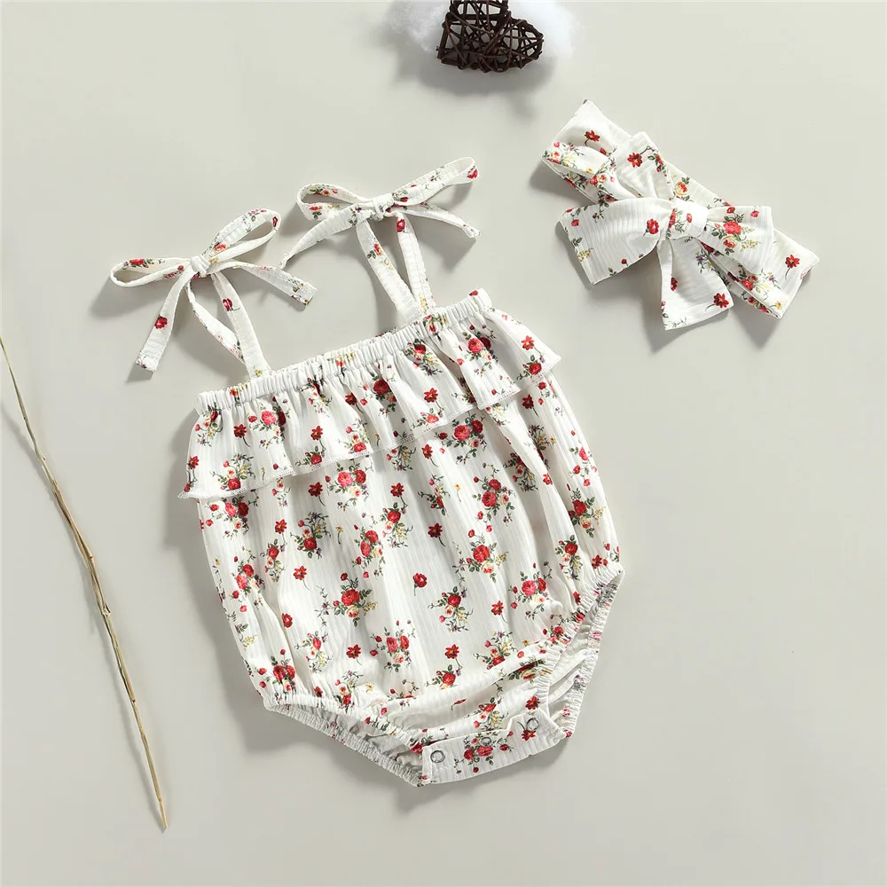 

0-24 Months Summer Newborn Baby Girls 2Pcs Suits Sweet Style Sleeveless Floral Print Elastic Romper With Bowknot Hairband