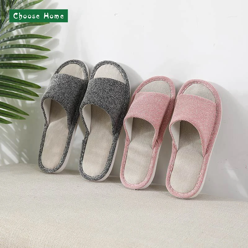 

2021 Women Slipper Linen Fabric Open Toe Slipper House Slides Indoor Shoes for Men
