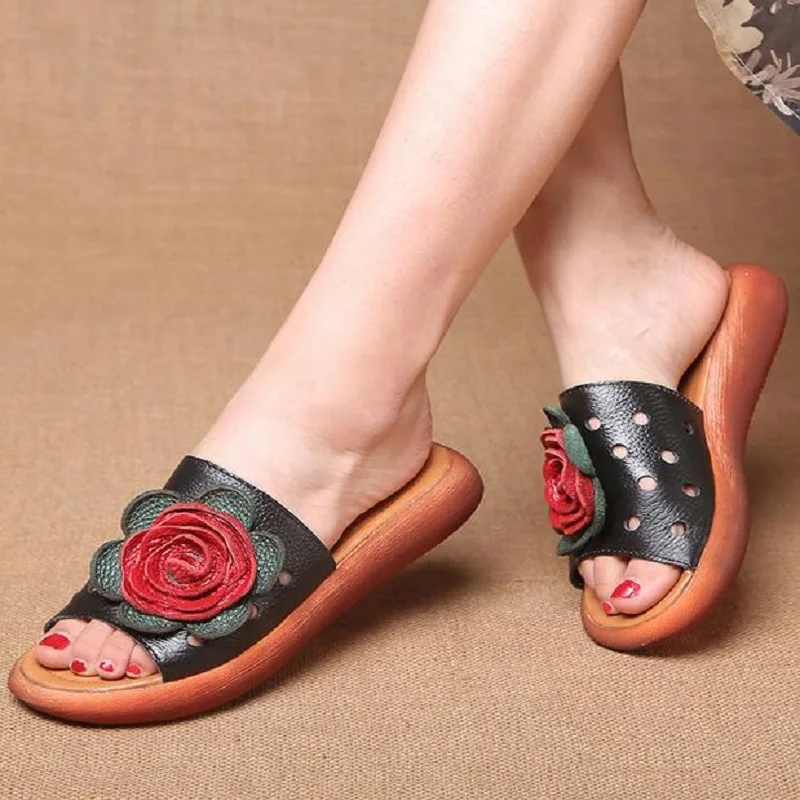 RUSHIMAN 2023 Woman Genuine Leather Shoes For Woman Slippers Slip-On Outdoor Slippers Women Shoes Flat with Sandals Floral