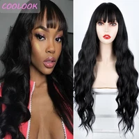 natural black wavy wigs with bang 28long body wave wigs for women synthetic heat resistant supple ocean wave brown wig cosplay