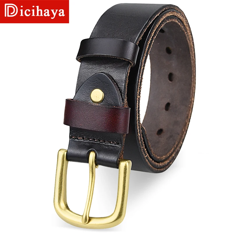 

DICIHAYA Men Belt Top Layer Leather Casual Belts Vintage Handmade Design Pin Copper Buckle Genuine Leather Belts Male Waistband