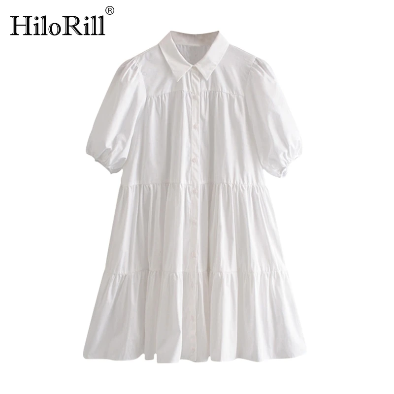 

HiloRill Casual White Mini Dress Women Lantern Short Sleeve Female Pleated Dress Turn Down Collar Plus Size Ladies Dresses Robe