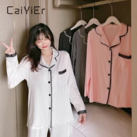 caiyier autumn pajamas set fashion long sleeve lace cuff lapel sleepwear for women pure color sexy nightwear homewear suit m 2xl