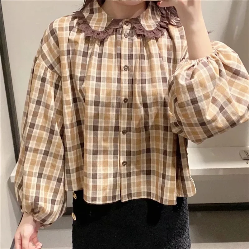 

New Casual Style Bubble Lantern Sleeve Lapel Stitching Lace Retro Plaid Spring And Autumn Short Shirt For Women
