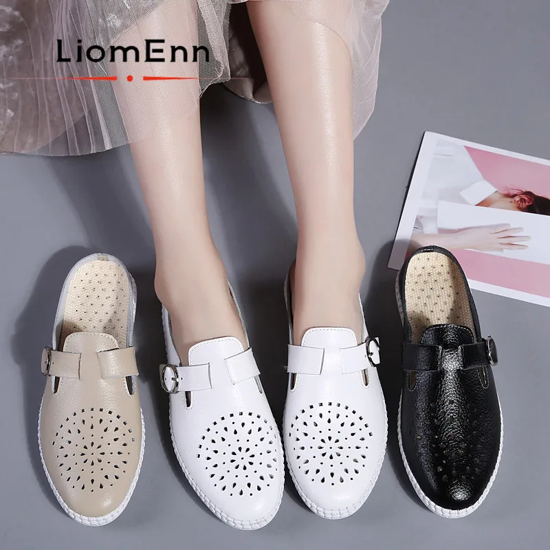 

Trendy White Mules Women Slippers Outdoor Elegent Soft Leather Closed Toe Slippers 2021 New Summer Designer Flats Shoes Woman