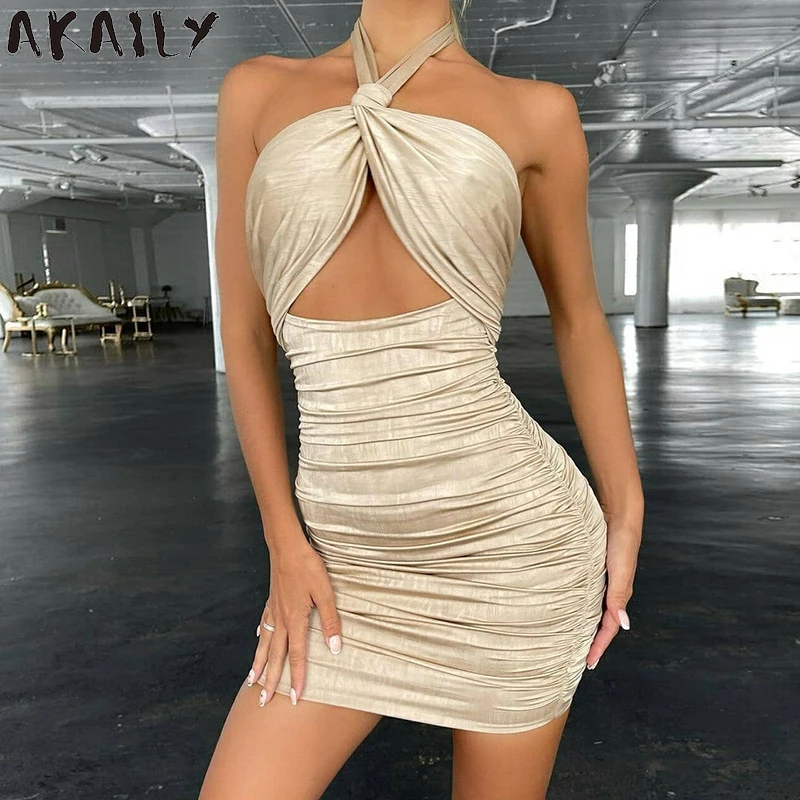 

Akaily Summer Halter Hollow Out Bodycon Dresses For Women 2021 Ruched Backless Cluwear Mini Dress Female Strapless Sheath Dress