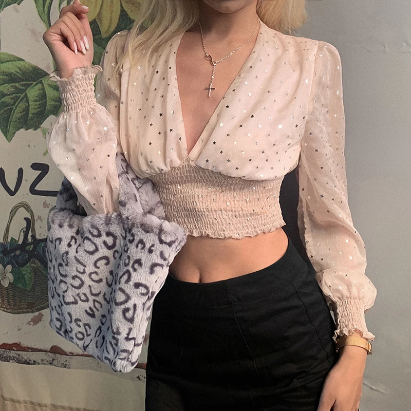 Женская блузка с глубоким v образным вырезом и пайетками сексуальная сетчатая