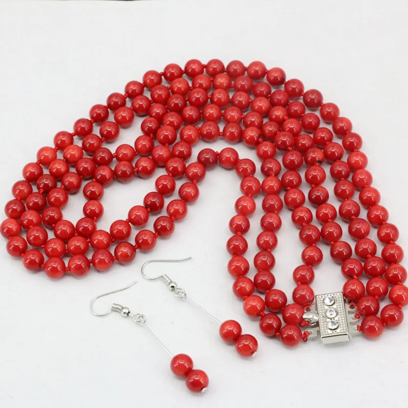 Гладкая 3 ряда ожерелье серьги на крючках 7 мм натуральный красный коралл Круглый