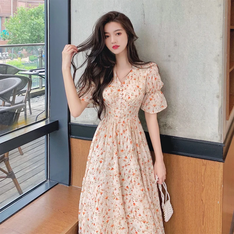 

Long Dress Puff Sleeve Floral Platycodon Grandiflorum French Retro Minority Design Sense Tea Break Dress Entry Lux Women's