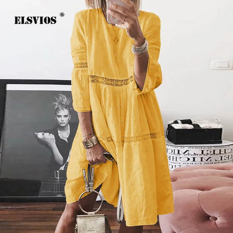 ELSVIOS женское осеннее платье с длинными рукавами и принтом в виде листьев