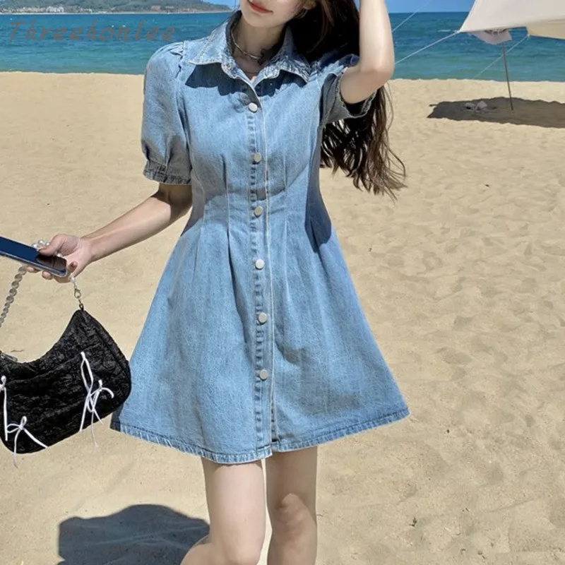 

Summer 2021 Korean Woman Denim Dresses Turn-down Collar Short Sleeve Single Breated Silm Mini Sweet Female Dress Vestidos