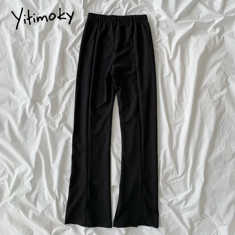 Женские брюки Yitimoky с высокой талией черные эластичные широкие разрезом