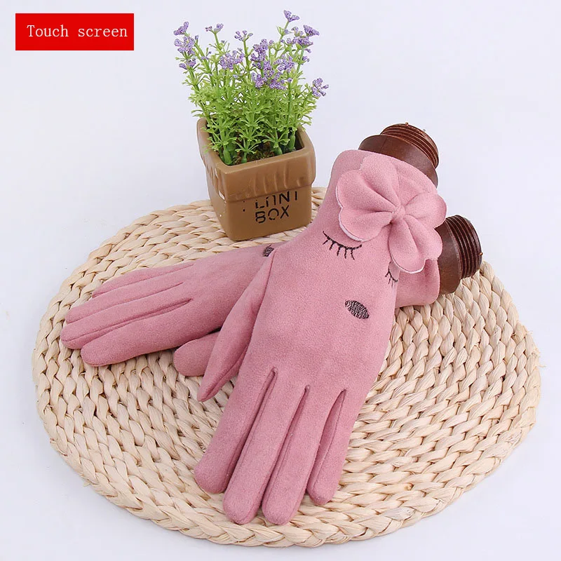Горячая Распродажа бархатные перчатки с бантиком для сенсорного экрана зимние