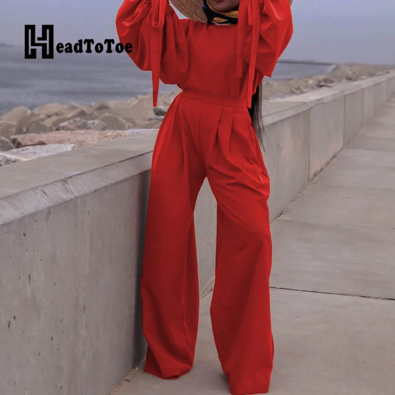 

Solid Loose Bow Elegant Fashion 2 Piece Set Women Long Lantern Sleeve Round Neck Wide Leg Pleated Two Piece Outfits Woman