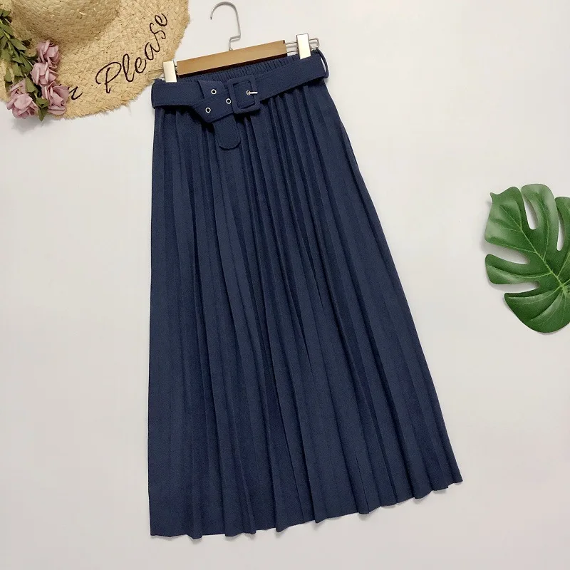 

Casual Belted Pleated Skirt Woman Midi Fashion Elegant Retro Chic Skirt Female Harajuku Autumn Winter Faldas Saia Woman Skirts