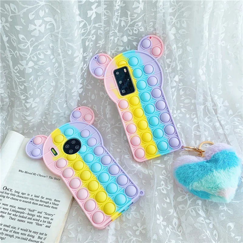 

Cute Cartoon Bear Head With Pendant case For Samsung A50 A51 A70 A31 A71 A52 A72 A12 Galaxy S21 Plus Rainbow Soft Silicone Cover
