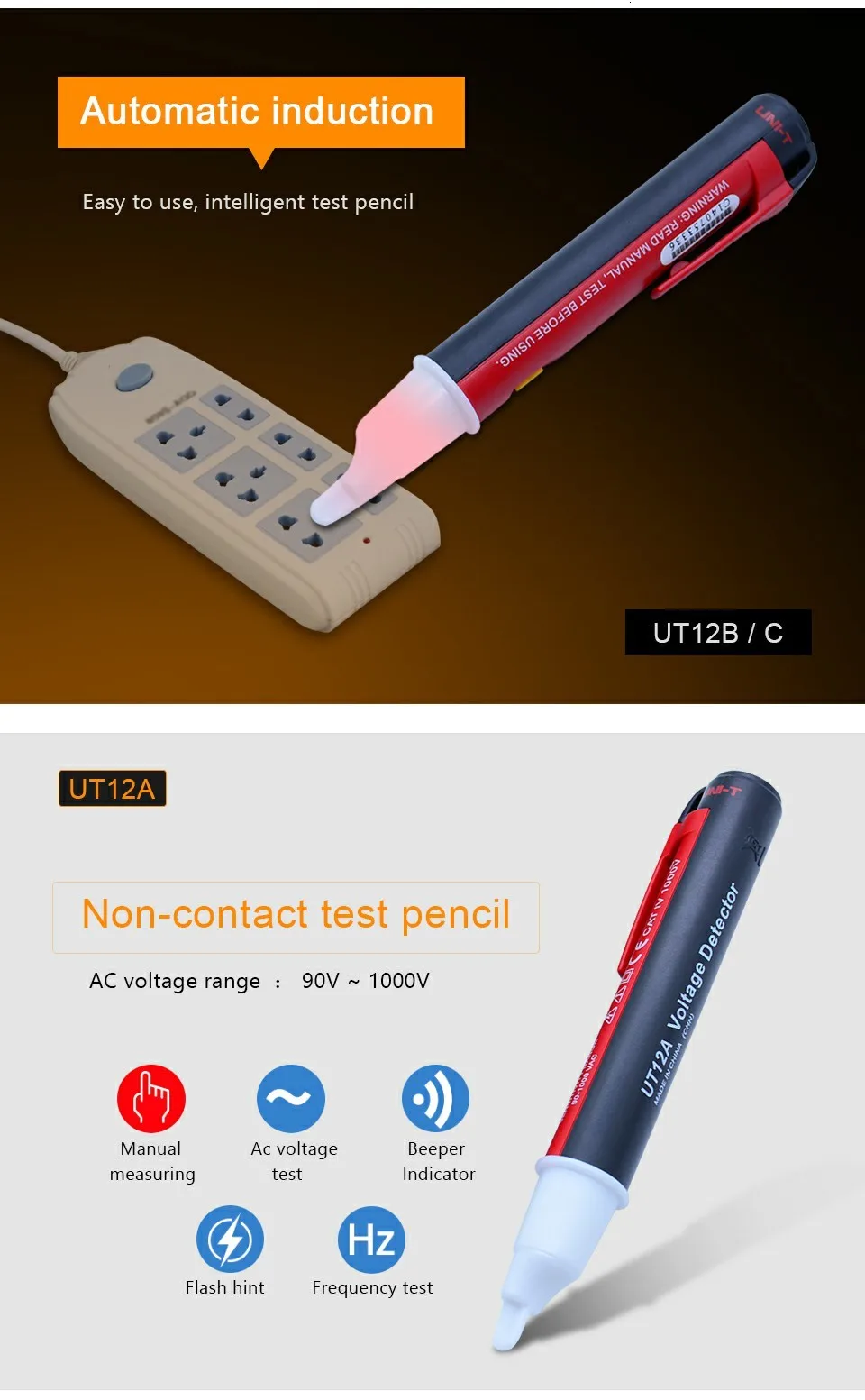 UNI-T UT12A/12B/12C ручной Тестер Напряжения Ручка бесконтактные детекторы напряжения переменного тока 90 В~ 1000 в звуковой индикатор