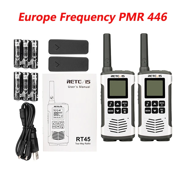 2 шт. Retevis RT45 PMR446 портативная двухсторонняя рация 0,5 Вт PMR 446 МГц FRS VOX аккумуляторная батарея для Motorola TLKR T50 - Цвет: Europe Frequency PMR