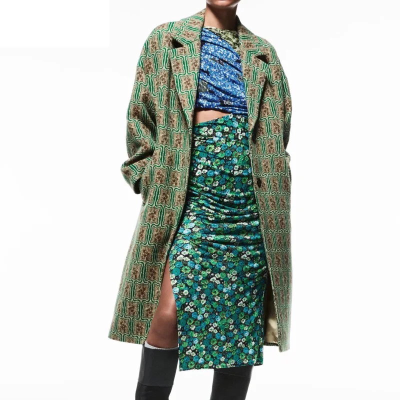 

2021 Autumn and Winter New Women's Green Plaid Wool Coat Fashion Suit Collar Long Sleeve 2 Buttons Mid-Length Jackets Female Y2k