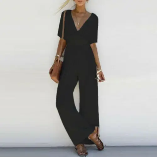 

2020 Newest Hot Women Solid Color V Neck Casual Loose Playsuit Party Ladies Romper Short Sleeve Long Jumpsuit