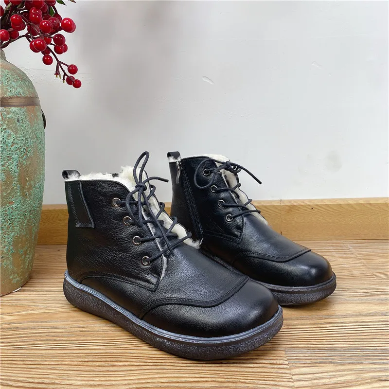 

Hjwsfdcai Cowhide Leather Round Toe Lace-Up Women Snow Boots Wear-Resistant Ladies Street Style Casual Shoes Wool Mujer Booties
