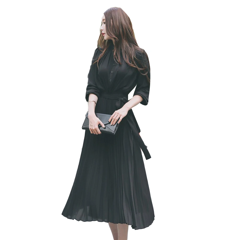 Элегантный женский сплошной цвет шифон с длинным рукавом плиссированные поясом