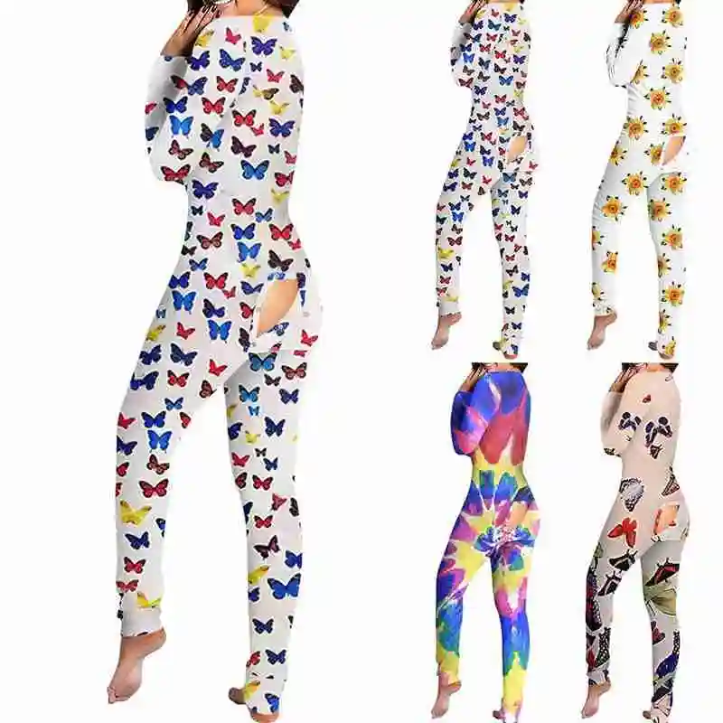 

Women Jumpsuit Long Sleeve Pajama Bum Open Homewear Button Flap Sexy Bodysuit