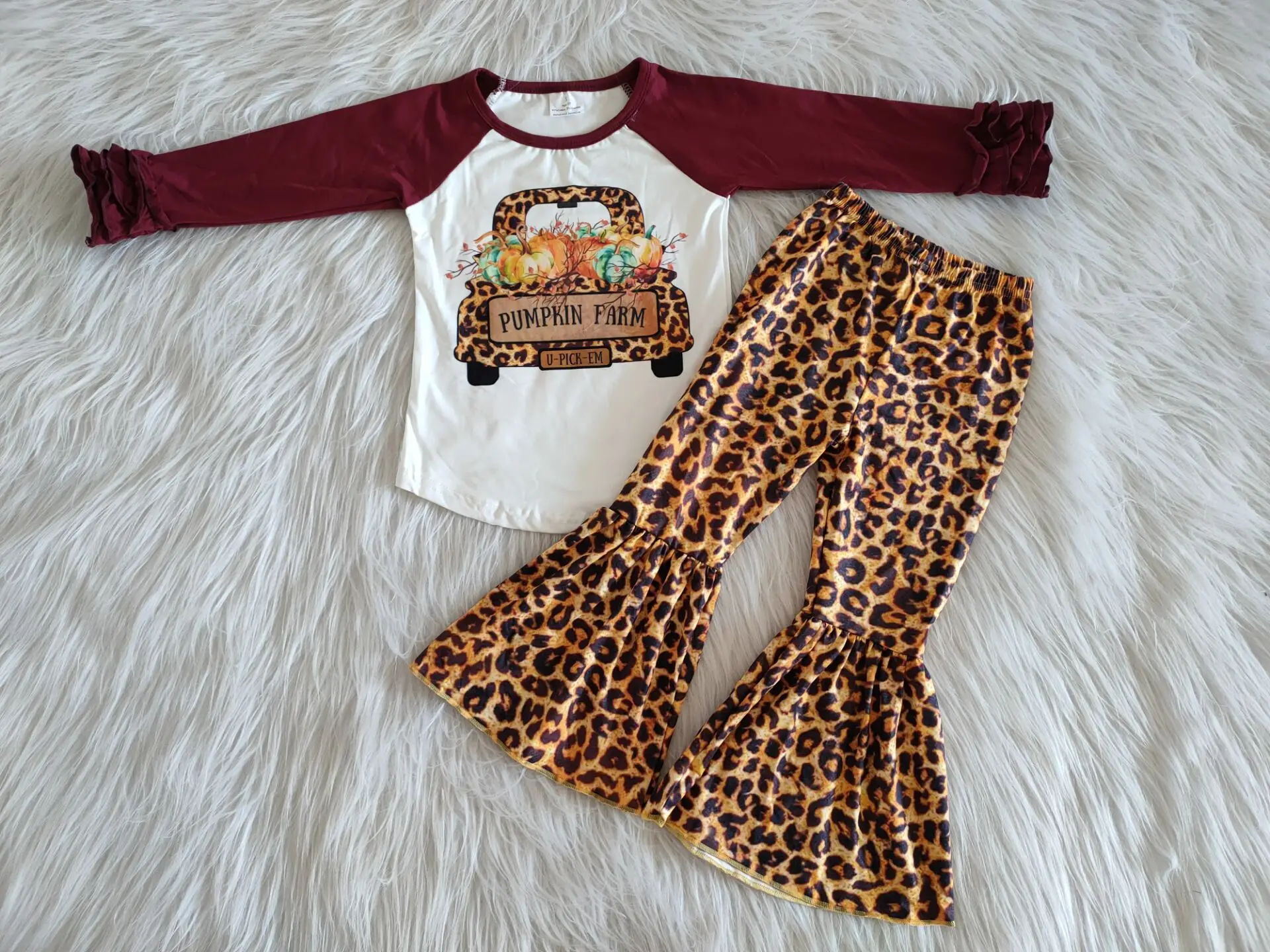 

2021 New Baby Girls Clothes Pumpkin Print Long Sleeve Leopard Bell-Bottom Pants Toddler Kids Wear For Hallowmas Day