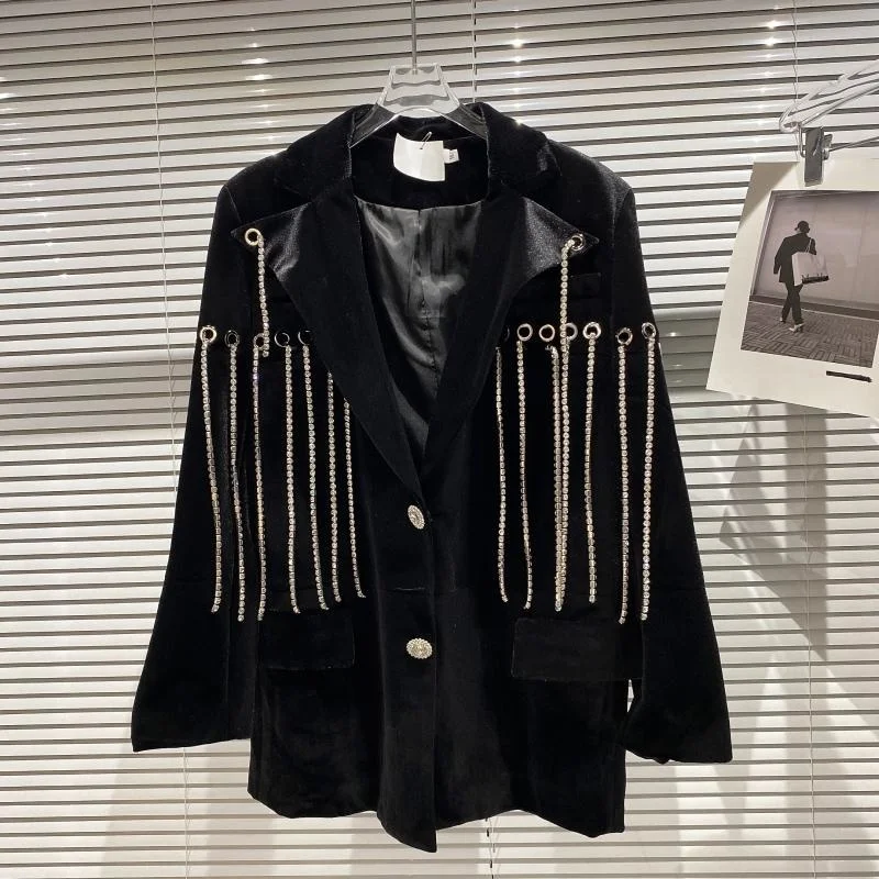 

Metal Ring Drill Chain Design Velvet Loose Blazer Women 2021 Autumn New Heavy Industry Coat