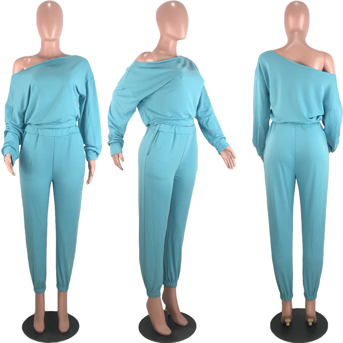 

Women Two Piece Set Long Sleeve Oblique Shoulder Crop Sweatshirt and Stretch Joggers Pants Sets Tracksuit Wholesale Dropshipping