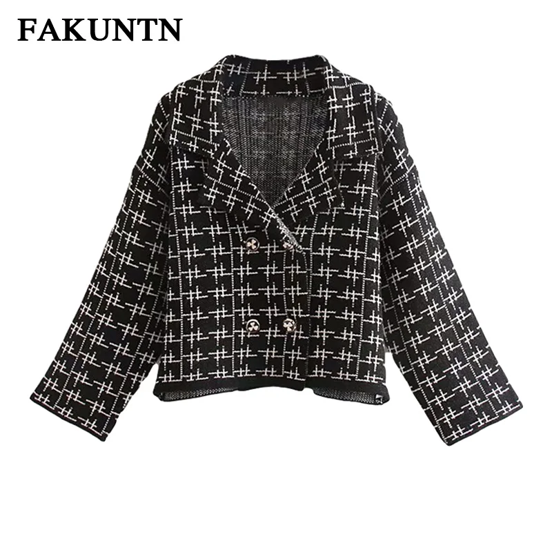 

FAKUNTN Autumn Women's Jacket Coats 2021 Fashion New Double Breasted Lapel Knitted Top Female Winter Jacket For Women Outerwear