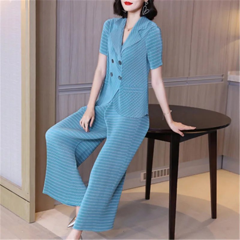 

Miyake костюм со складками женский летний костюм с принтом Топ с воротником + широкие брюки модный и удобный костюм из двух предметов