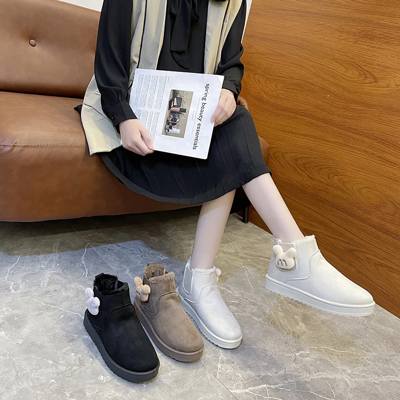 

Boots Platform Women's Warm Plush Cute Fur Ball Cotton Shoes Winter Flats Snow Ankle Boots Fur Casual Shoes Snow Suede Botas