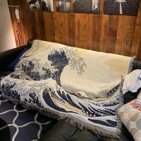 ukiyo e waves blanket carpet sofa retro decoration throw blankets casual tapestry spring and autumn warm tassel knitted blanket