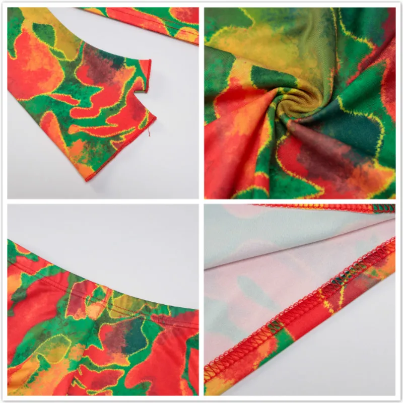 

FORERUN Tie Dye Floral Two Piece Set One Shoulder Long Sleeve Crop Top and High Waist Leggings Sexy Matching Sets Clubwear