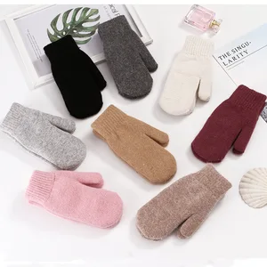 Женские перчатки, Лидер продаж, модные женские зимние перчатки для девочек, однотонные варежки из кроличьего меха, мягкие теплые двухслойные перчатки карамельного цвета