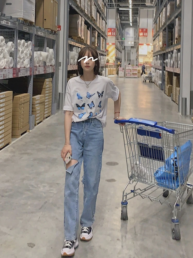 

New Summer Women T-Shirt Punk Loose Top Vintage Short Sleeve Plus Size Butterfly Cartoon Print Dropshipping Wild Clothes