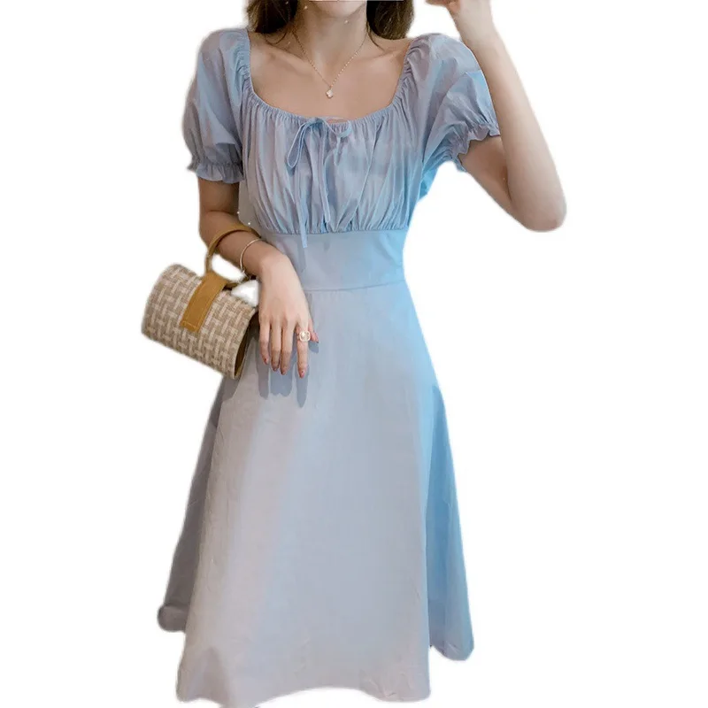 

Summer 2021 Slim Waist Graceful Bow Mid Length Dress Women's Square Collar A Line White Holiday Dress Female High Waist Dress