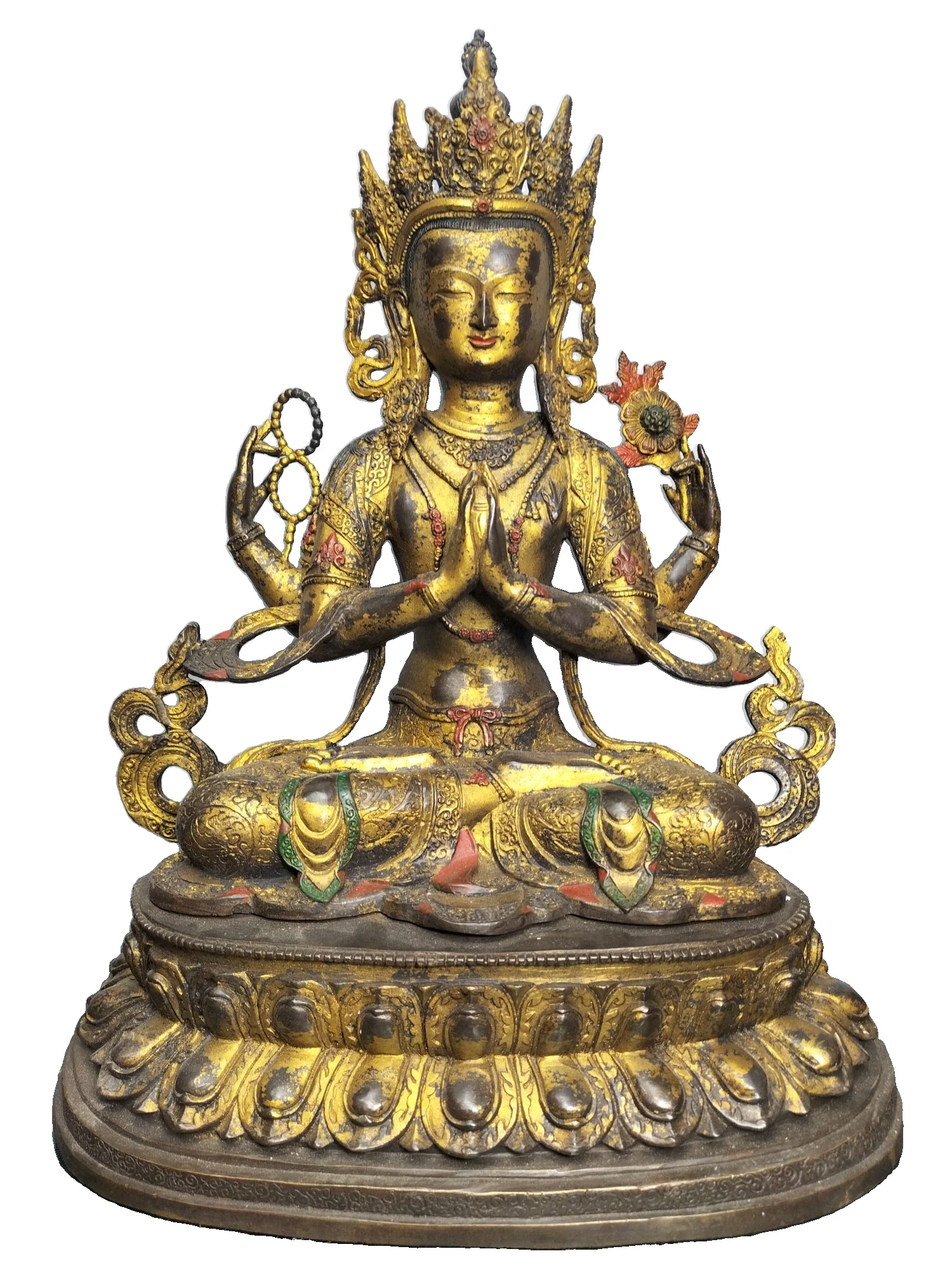 

Статуя Будды LAOJUNLU из чистой бронзы, позолоченная статуя Будды, четыре руки, богиня милосердия, одна имитация под старину