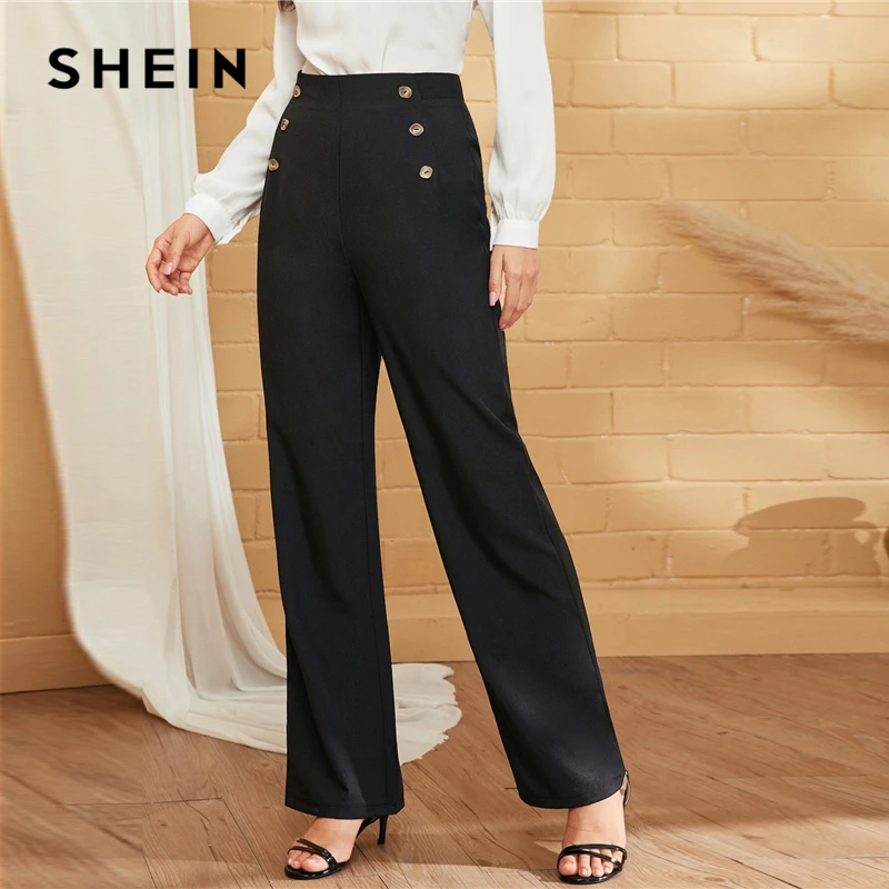 SHEIN Green двубортные прямые однотонные длинные брюки женские осенние с высокой талией прямые элегантные офисные платья Брюки