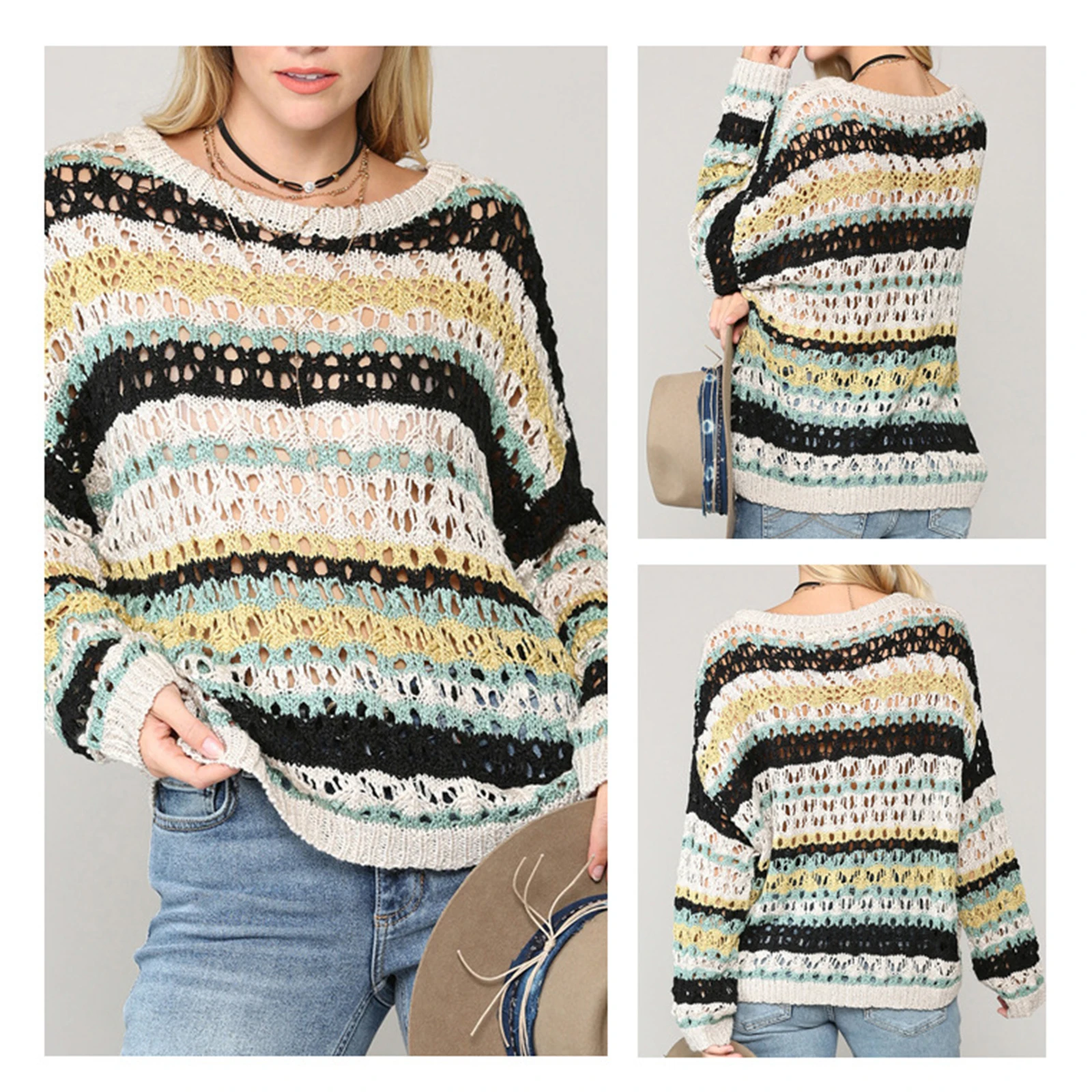 

Women's Round Neck Loose Sweaters Long Sleeve Striped Print Hollow Out Knit Tops