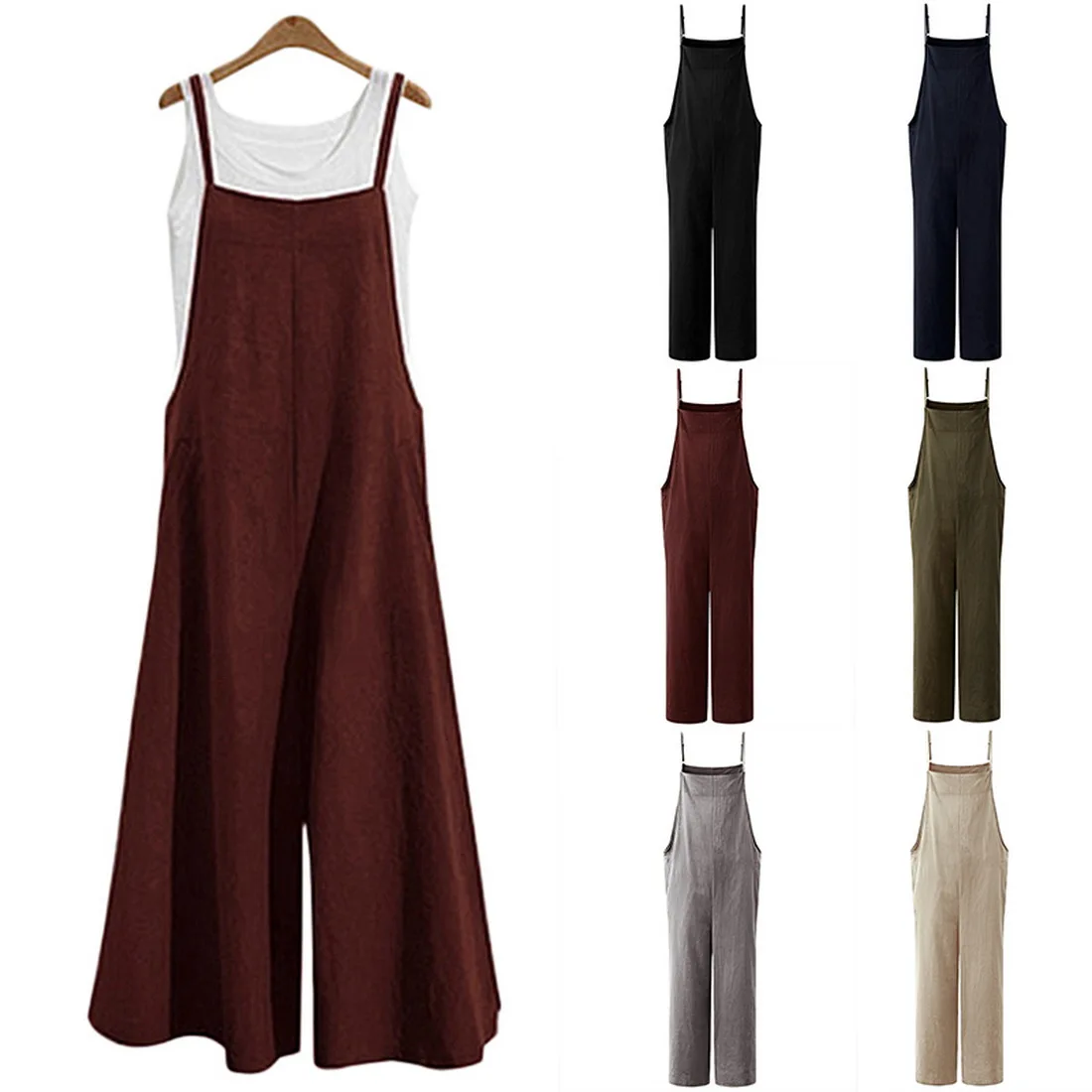 Женский свободный комбинезон на бретельках повседневный однотонный с широкими