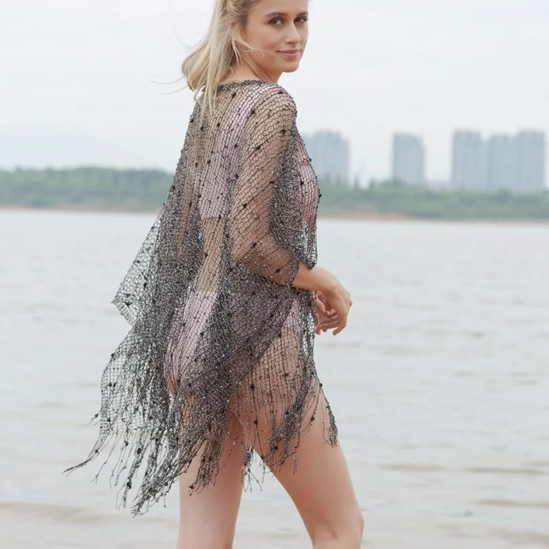 

2021 summer new hollow tassel beach wrap cloak women's sexy coverup swimwear blouse shawl sunscreen Solid plus size
